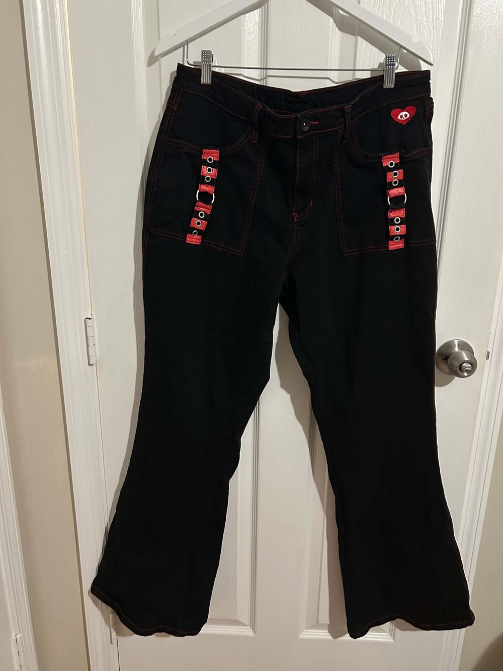 Skelanimals Black Flare Jeans Size 17 Red Stitch Goth Y2K Emo Hot Topic